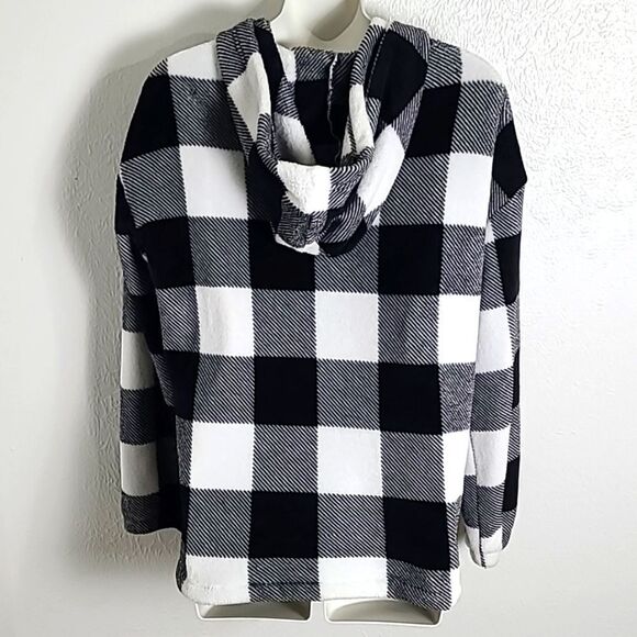 Black & White Checkered Fuzzy Hoodie Shirt, Size Large - Picture 6 of 9
